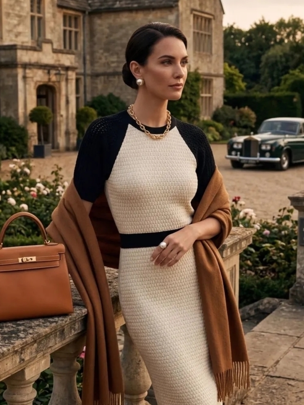 Anthropologie Cream Midi Dress with Black Trim - Picture 3 of 4